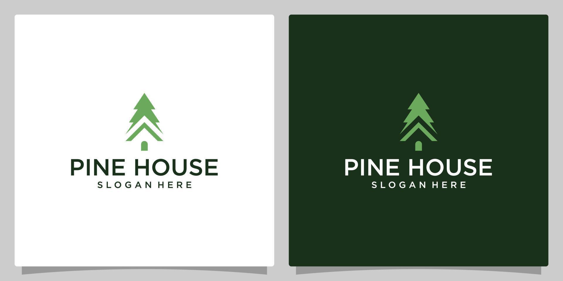 pijnboom boom logo ontwerp sjabloon met huis gebouw logo vector ontwerp sjabloon.