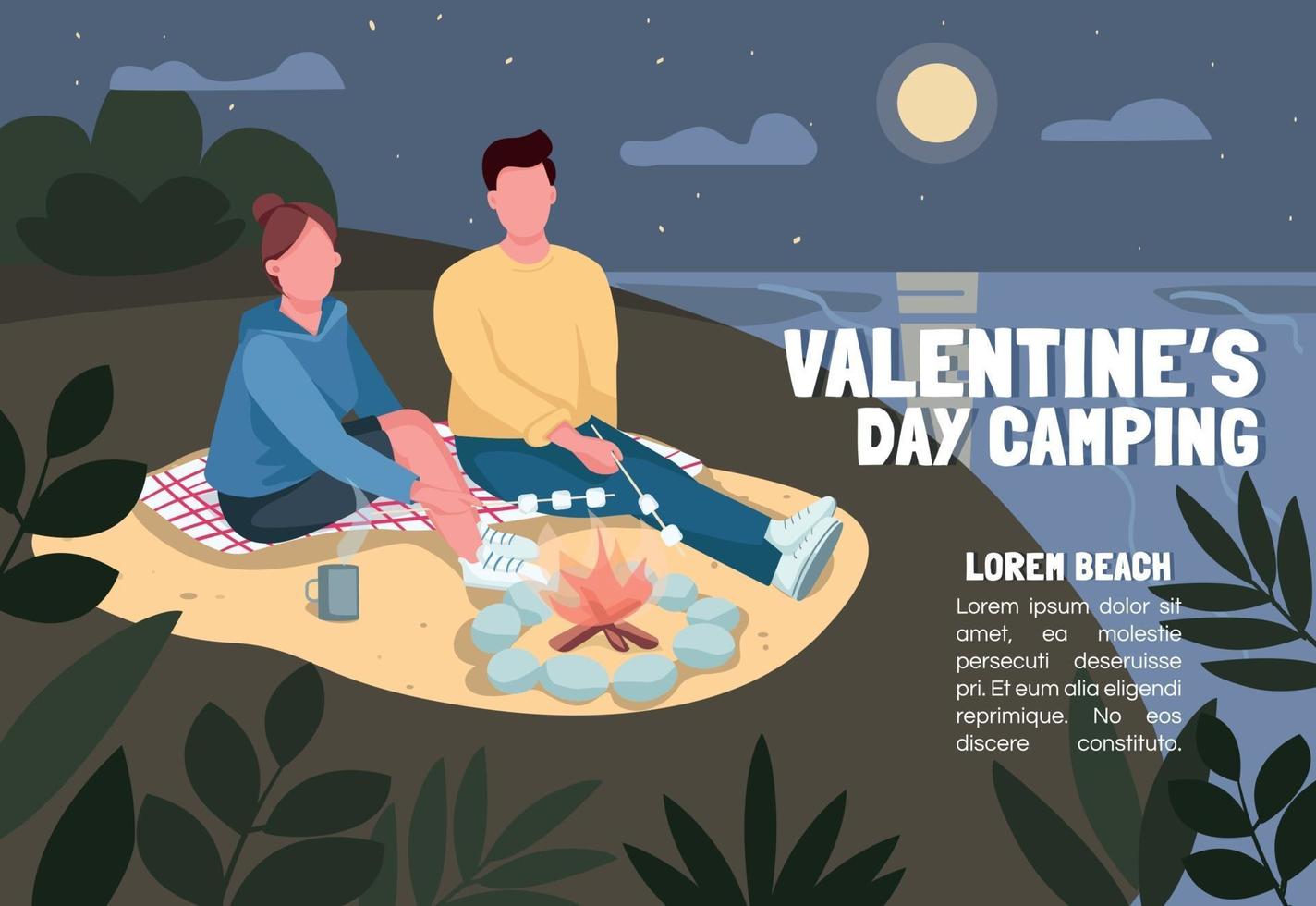 Valentijnsdag camping banner platte vector sjabloon. brochure, poster conceptontwerp met stripfiguren. paar marshmallow roosteren op strand horizontale flyer, folder met plaats voor tekst