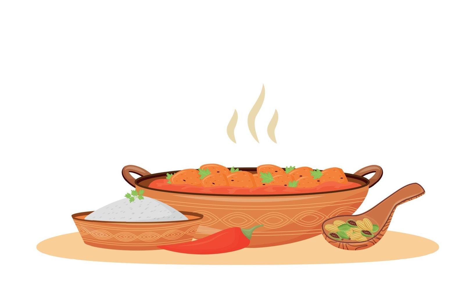 hete boter kip cartoon vectorillustratie. traditioneel Indiaas eten, vlees in gekruide tomatensaus egale kleur object. restaurant maaltijd, geserveerd makhani kip geïsoleerd op een witte achtergrond vector