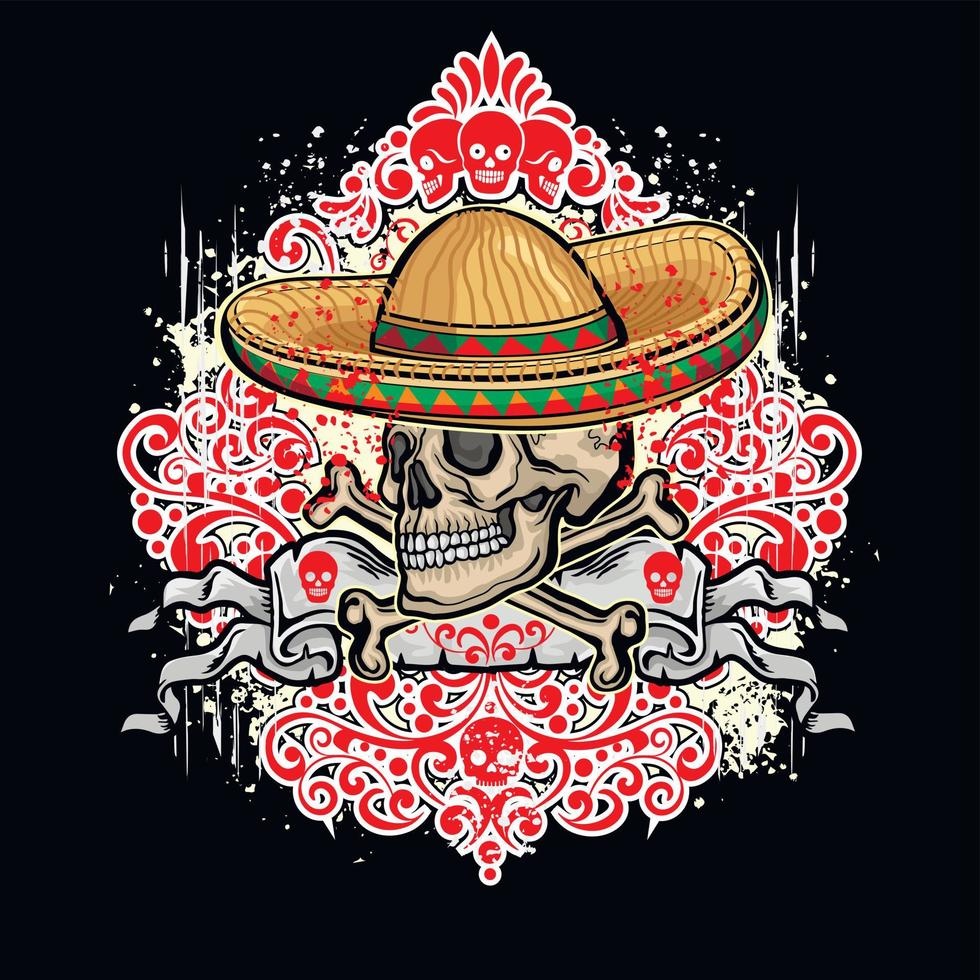 heilig dood, Mexicaans suiker schedel in sombrero, grunge wijnoogst ontwerp t overhemden vector