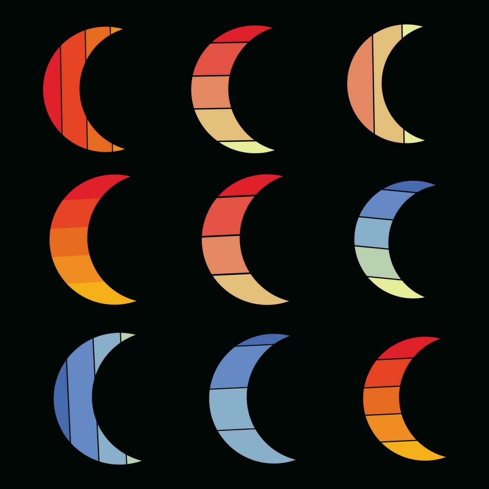 retro wijnoogst zonsondergang kleur maan.ramadan vector eid mubarak zonsondergang.70s 80s oud kleur voor nacht verschillend maan vector stijl verzameling, ontwerp elementen hemel- maan icoon symbool vector achtergrond