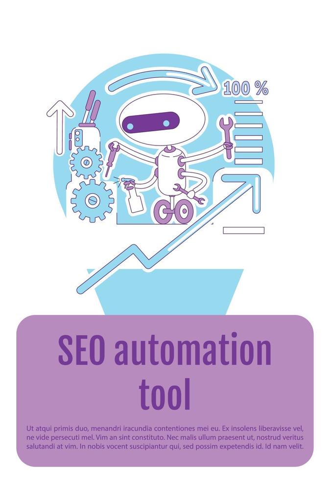 seo automatisering tool poster platte silhouet vector sjabloon. brochure, boekje conceptontwerp van één pagina met stripfiguren. zoekmachine optimalisatie bot flyer, folder met tekstruimte