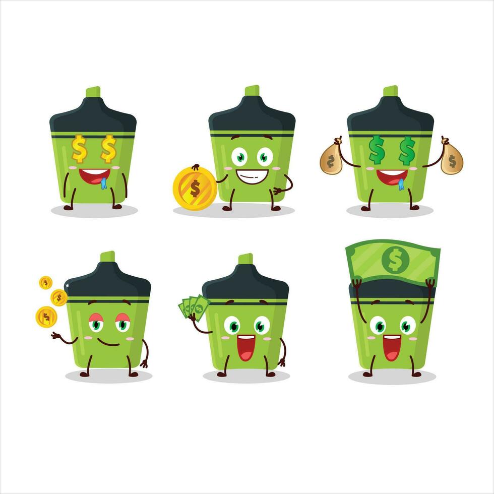 groen markeerstift tekenfilm karakter met schattig emoticon brengen geld vector
