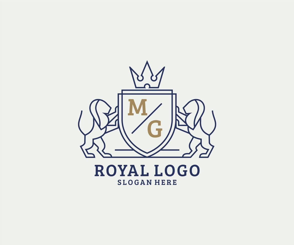 eerste mg brief leeuw Koninklijk luxe logo sjabloon in vector kunst voor restaurant, royalty, boetiek, cafe, hotel, heraldisch, sieraden, mode en andere vector illustratie.