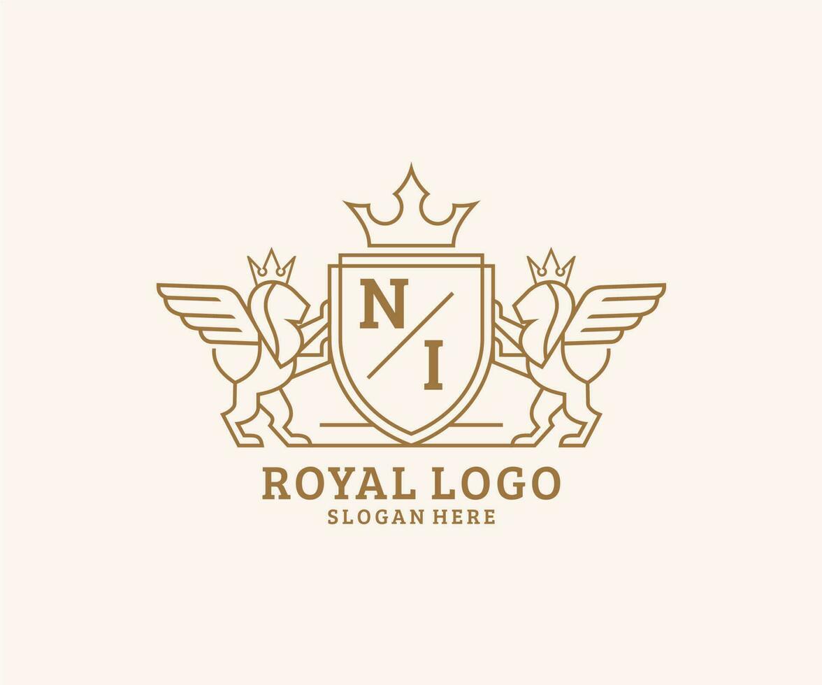 eerste ni brief leeuw Koninklijk luxe heraldisch, wapen logo sjabloon in vector kunst voor restaurant, royalty, boetiek, cafe, hotel, heraldisch, sieraden, mode en andere vector illustratie.