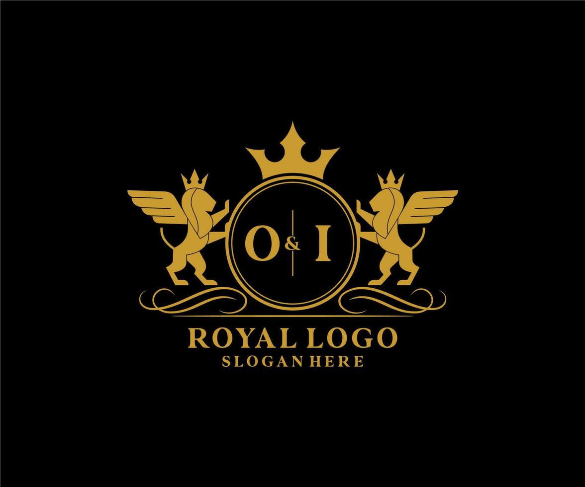 eerste oi brief leeuw Koninklijk luxe heraldisch, wapen logo sjabloon in vector kunst voor restaurant, royalty, boetiek, cafe, hotel, heraldisch, sieraden, mode en andere vector illustratie.