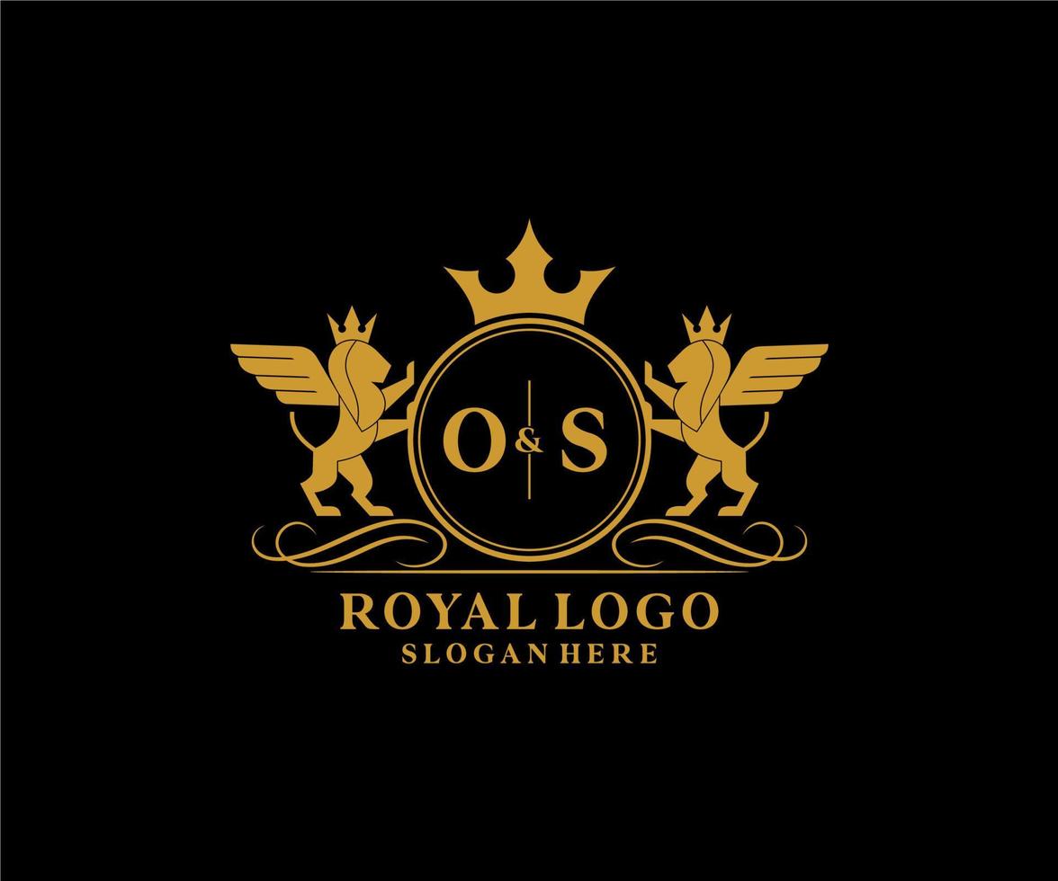 eerste os brief leeuw Koninklijk luxe heraldisch, wapen logo sjabloon in vector kunst voor restaurant, royalty, boetiek, cafe, hotel, heraldisch, sieraden, mode en andere vector illustratie.