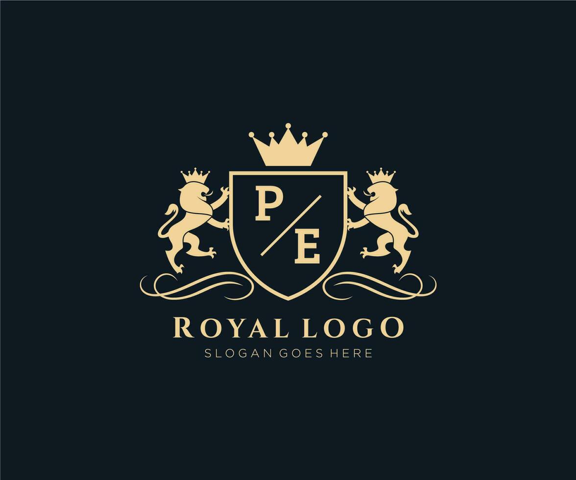 eerste pe brief leeuw Koninklijk luxe heraldisch, wapen logo sjabloon in vector kunst voor restaurant, royalty, boetiek, cafe, hotel, heraldisch, sieraden, mode en andere vector illustratie.