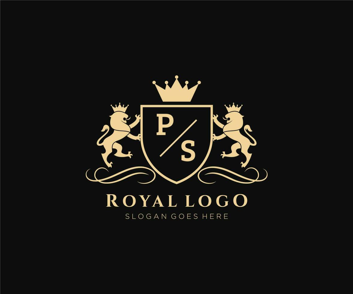 eerste ps brief leeuw Koninklijk luxe heraldisch, wapen logo sjabloon in vector kunst voor restaurant, royalty, boetiek, cafe, hotel, heraldisch, sieraden, mode en andere vector illustratie.