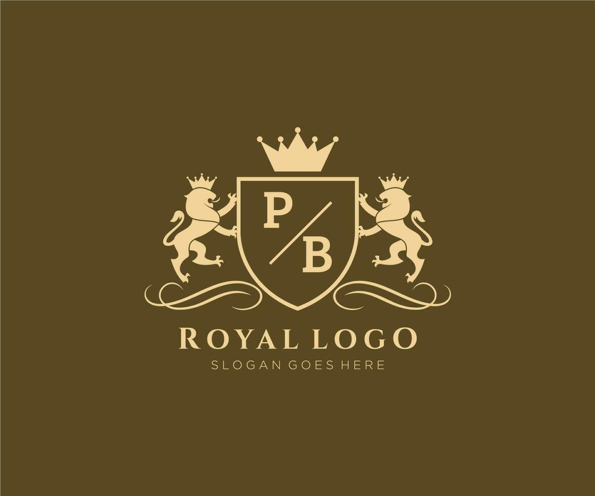 eerste pb brief leeuw Koninklijk luxe heraldisch, wapen logo sjabloon in vector kunst voor restaurant, royalty, boetiek, cafe, hotel, heraldisch, sieraden, mode en andere vector illustratie.