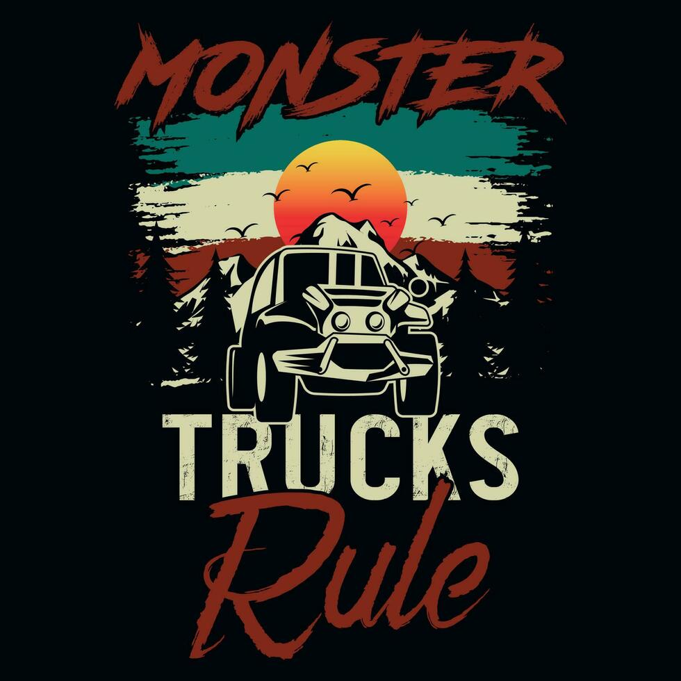monster vrachtwagens berg avonturen t-shirt ontwerp vector