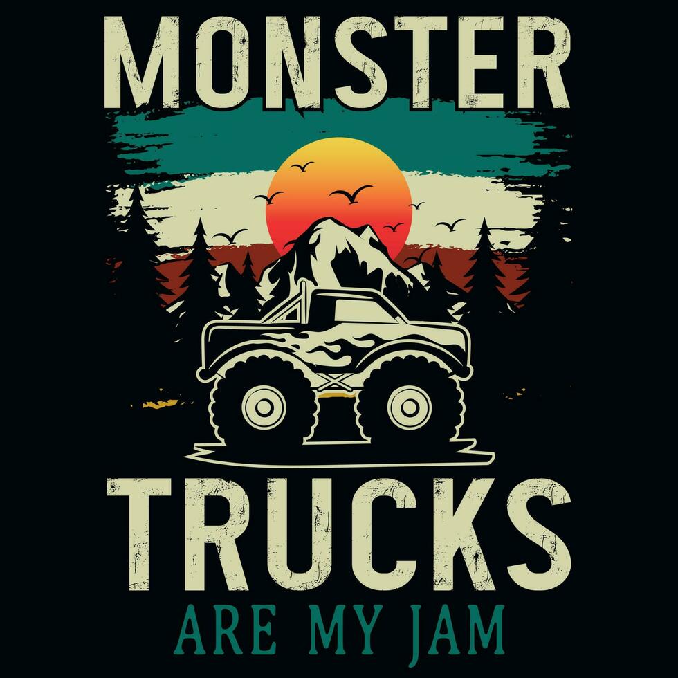 monster vrachtwagens berg avonturen t-shirt ontwerp vector