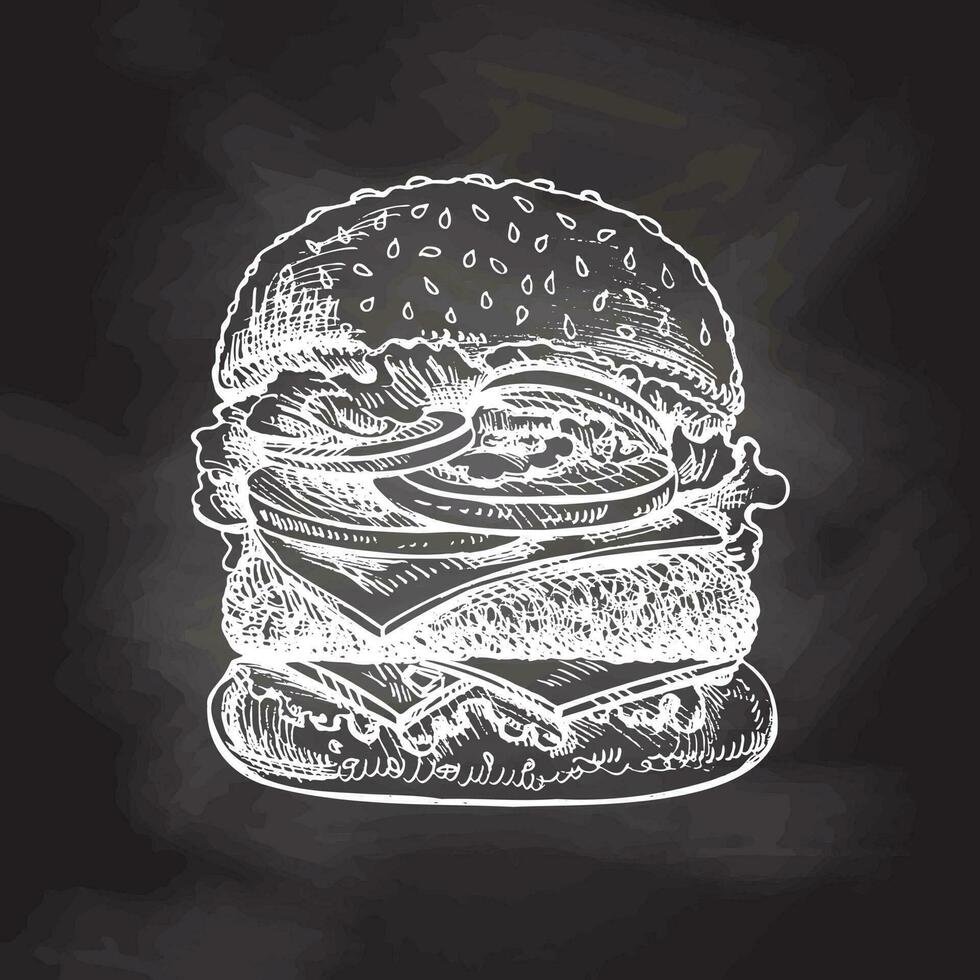 hand getekend schetsen van Super goed heerlijk broodje, hamburger, Hamburger geïsoleerd Aan schoolbord achtergrond. snel voedsel wijnoogst illustratie. element voor de ontwerp van etiketten, verpakking en ansichtkaarten vector