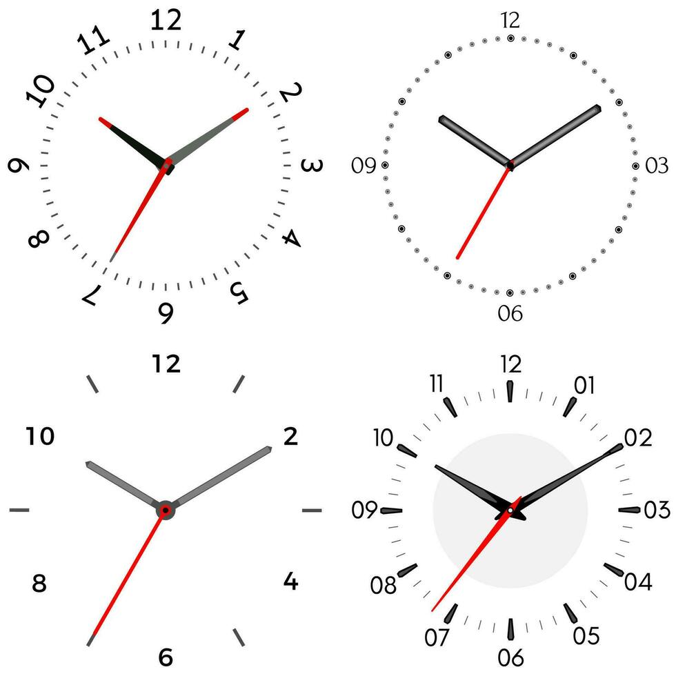 een reeks van vier mechanisch klokken. klok gezicht Aan wit achtergrond. vector