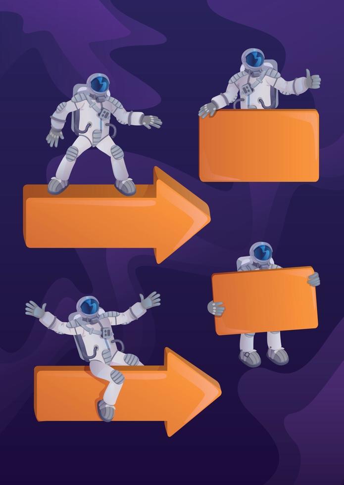 astronaut in ruimtepak 2d stripfiguur illustraties kit. kosmonaut met pijlen en banners. klaar om een stripfiguur-set-sjablonen te gebruiken voor reclame, animatie, afdrukken vector