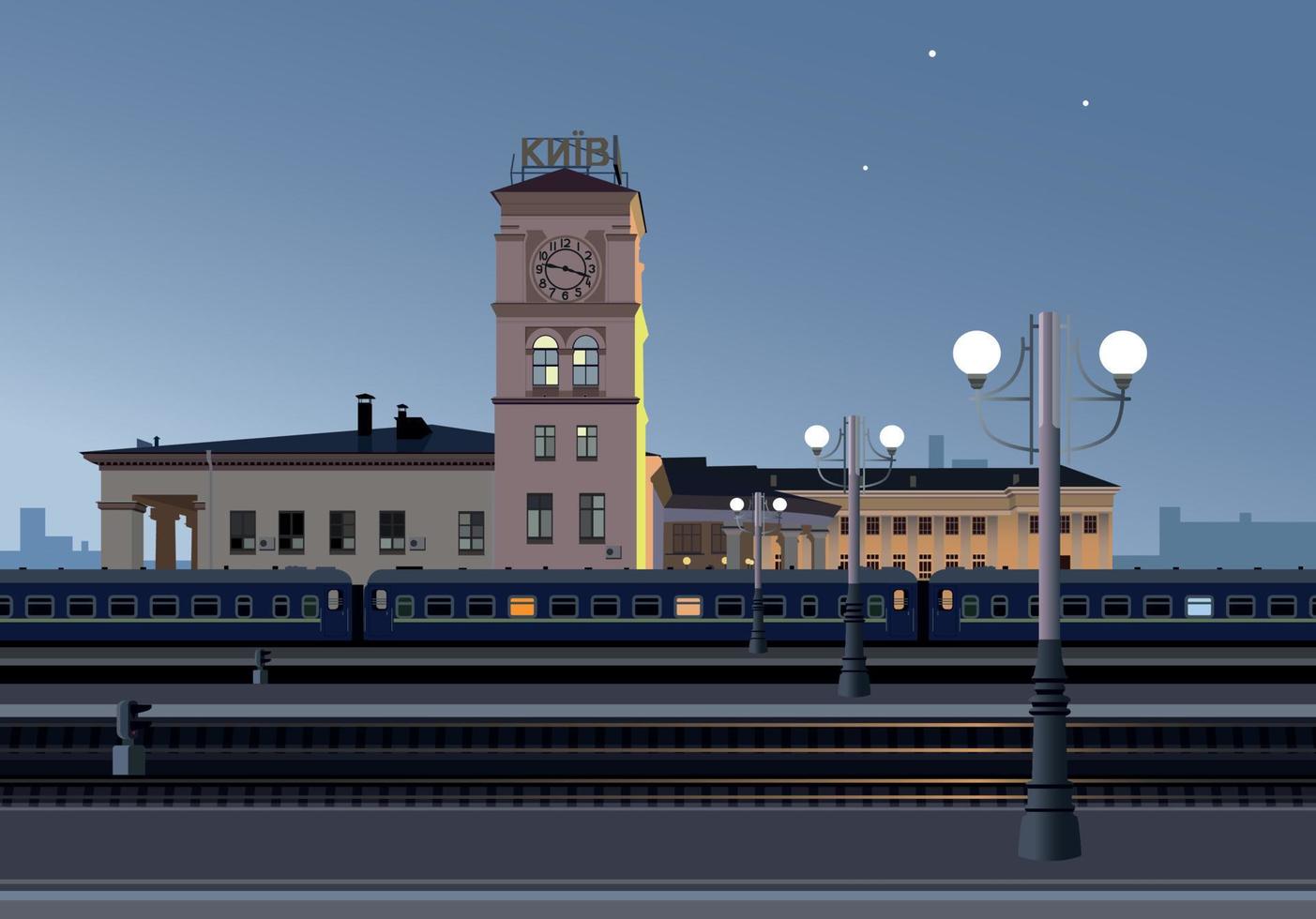 kievski spoorweg station, avond trein. vector. vector