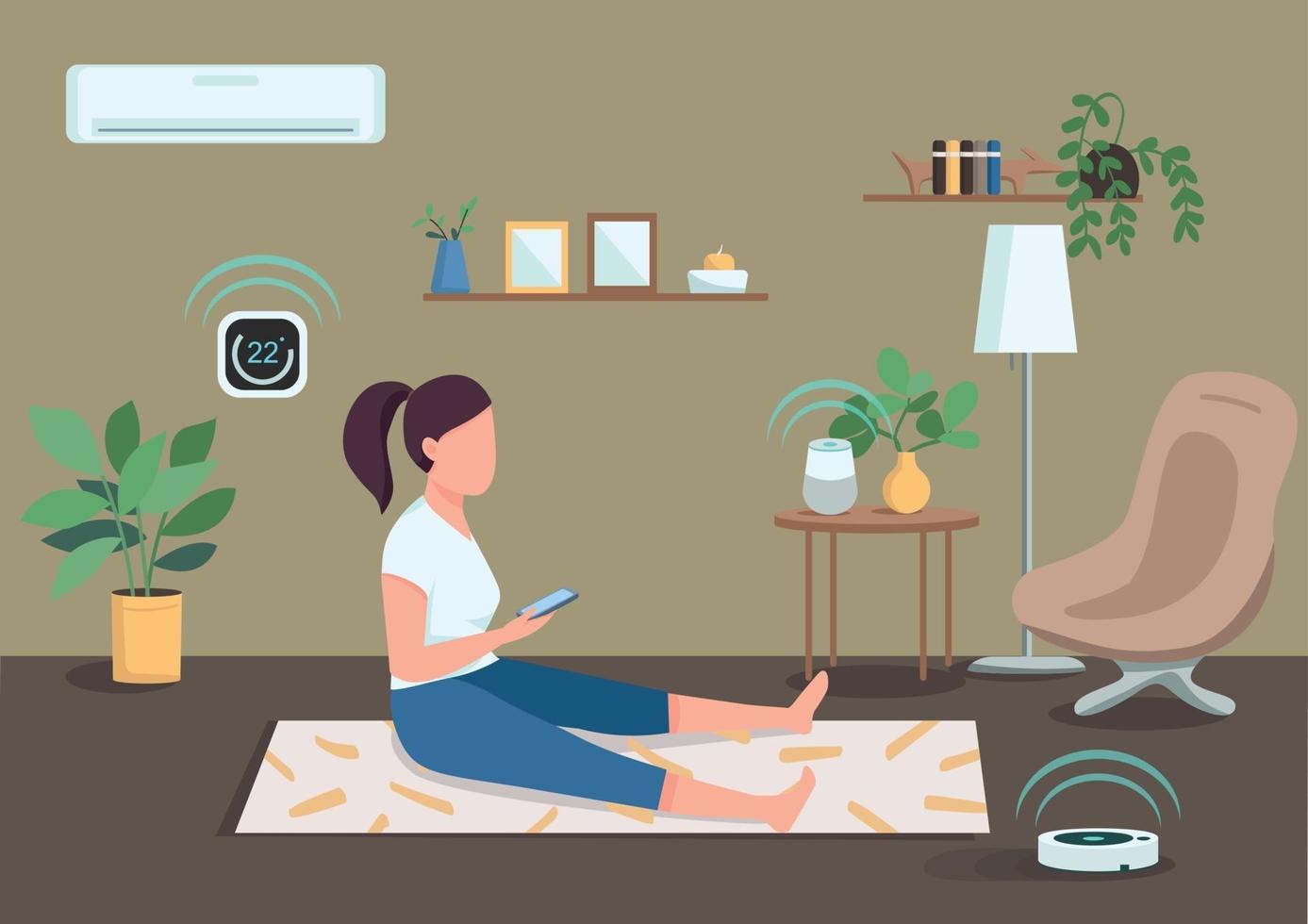 slimme klimaatbeheersing egale kleur vectorillustratie. meisje controlerende airconditioner en stofzuiger met smartphone. vrouw uit te werken 2d stripfiguur met woonkamer op achtergrond vector