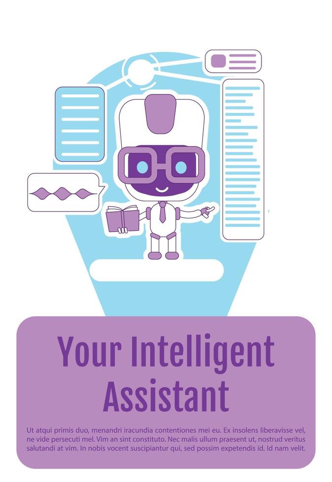 persoonlijke assistent bot poster platte silhouet vector sjabloon. brochure, boekje conceptontwerp van één pagina met stripfiguren. intelligente virtuele assistentie-flyer, folder met tekstruimte