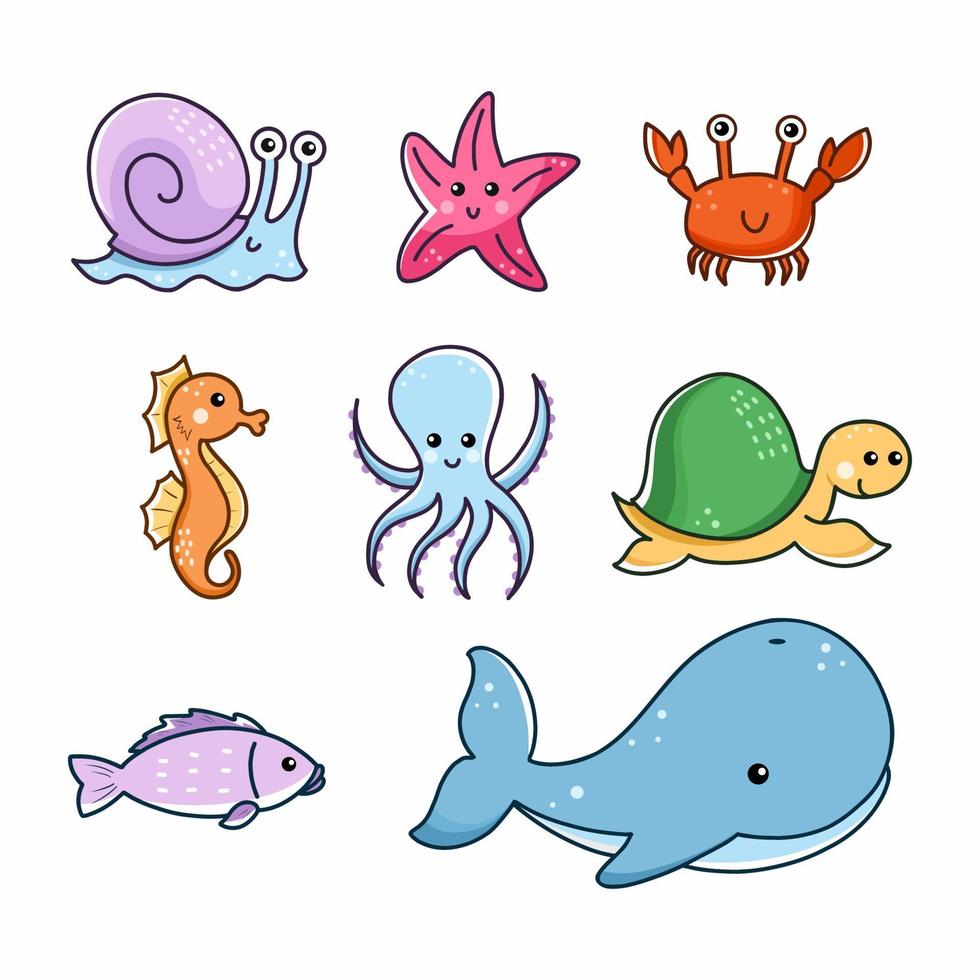 marinier leven. vis en schelpdieren. vector tekening illustratie voor kinderen. set.