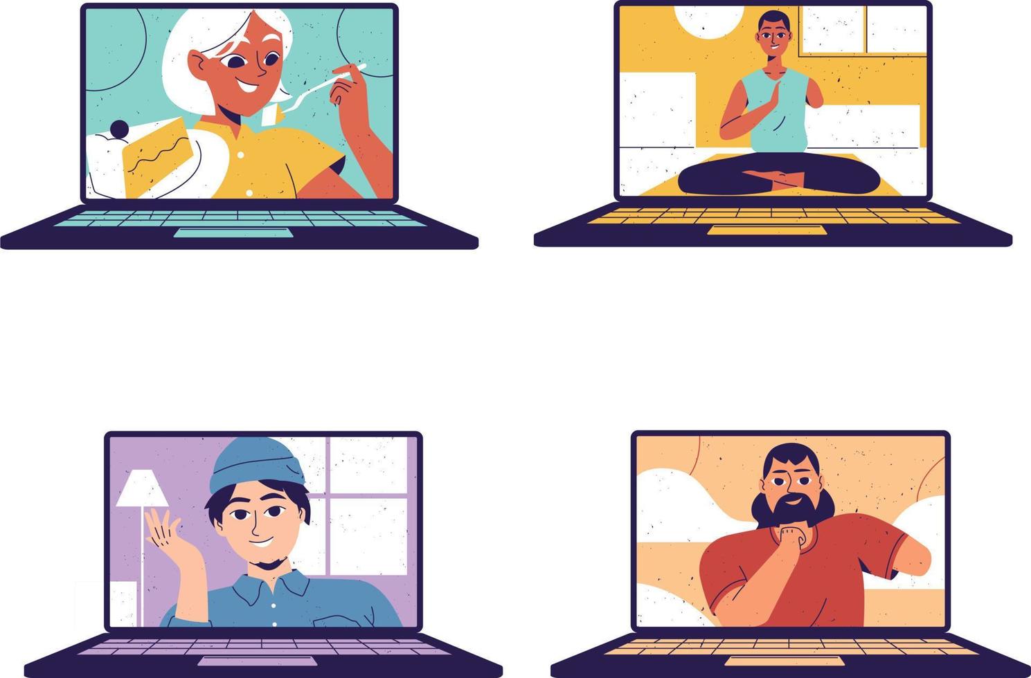 reeks scènes van video conferentie met oud Mens en vrouw vector illustratie ontwerp