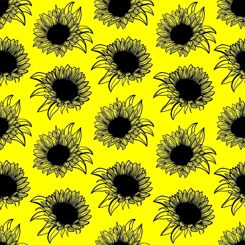 naadloze patroon met zwarte zonnebloemen bloem lijntekeningen op gele achtergrond illustratie van een zonnebloem. handgetekende decoratieve bloeiende zonnebloem elementen in vector
