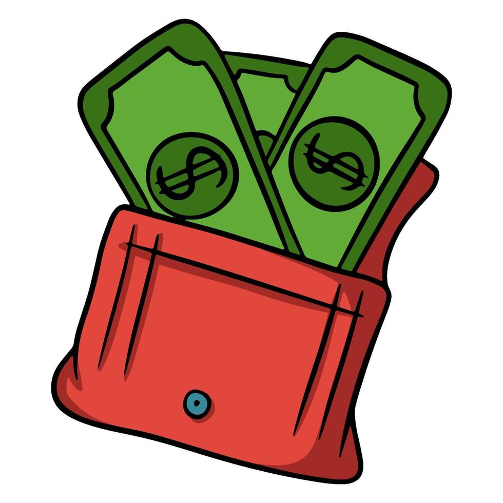 portemonnee met geld. groen papiergeld. in een cartoon-stijl. vector