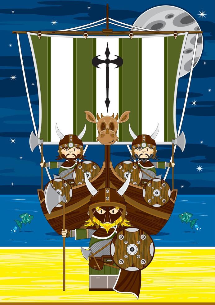 schattig tekenfilm viking krijgers en sloep norse geschiedenis illustratie vector