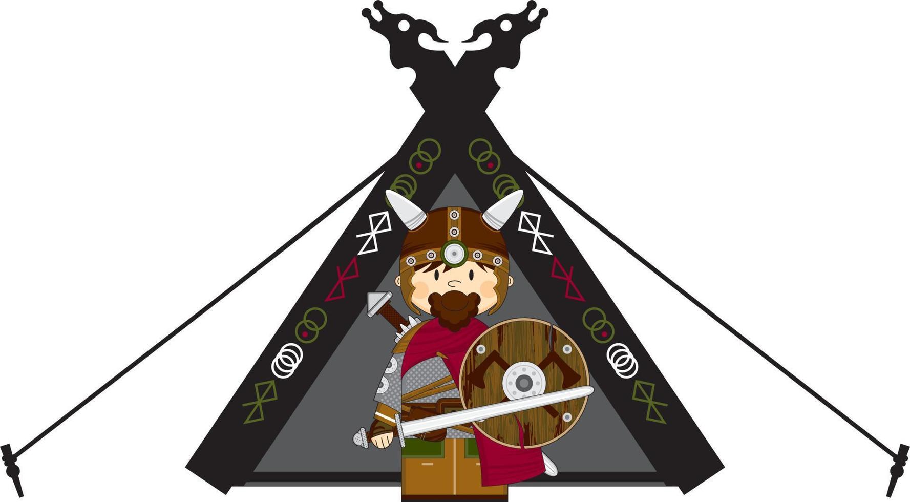 schattig tekenfilm viking krijger en tent norse geschiedenis illustratie vector