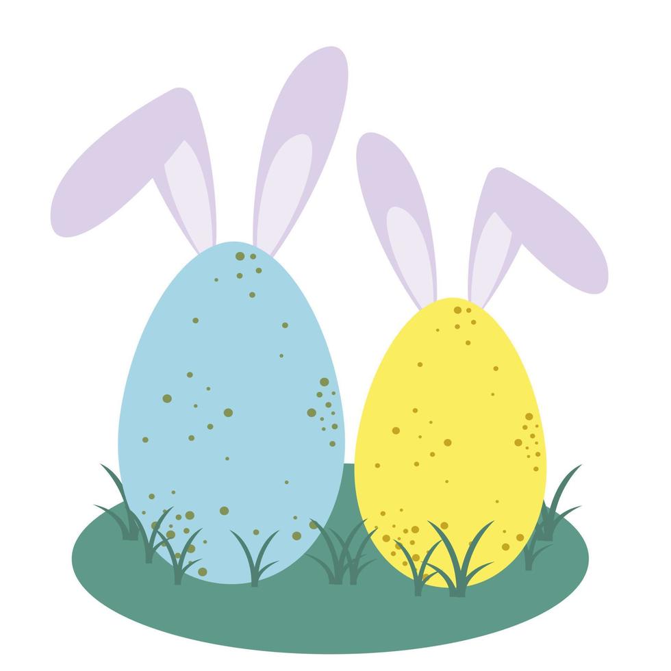 gekleurde Pasen eieren in blauw en geel kleuren met konijn oren Aan een groen gazon met gras. kinderen illustratie geïsoleerd Aan wit achtergrond. vector