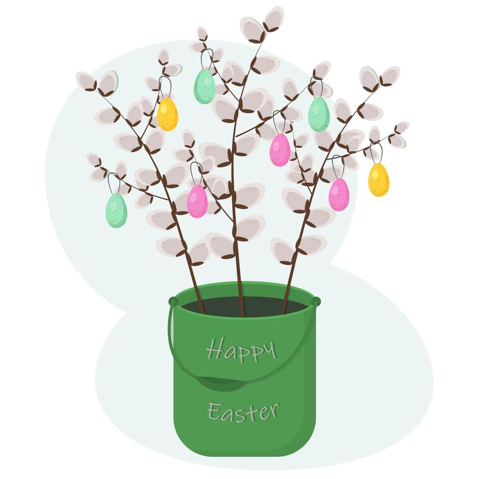 wilg takken versierd met gekleurde eieren in een emmer met de opschrift gelukkig Pasen. illustratie Aan de thema van de voorjaar vakantie. vector