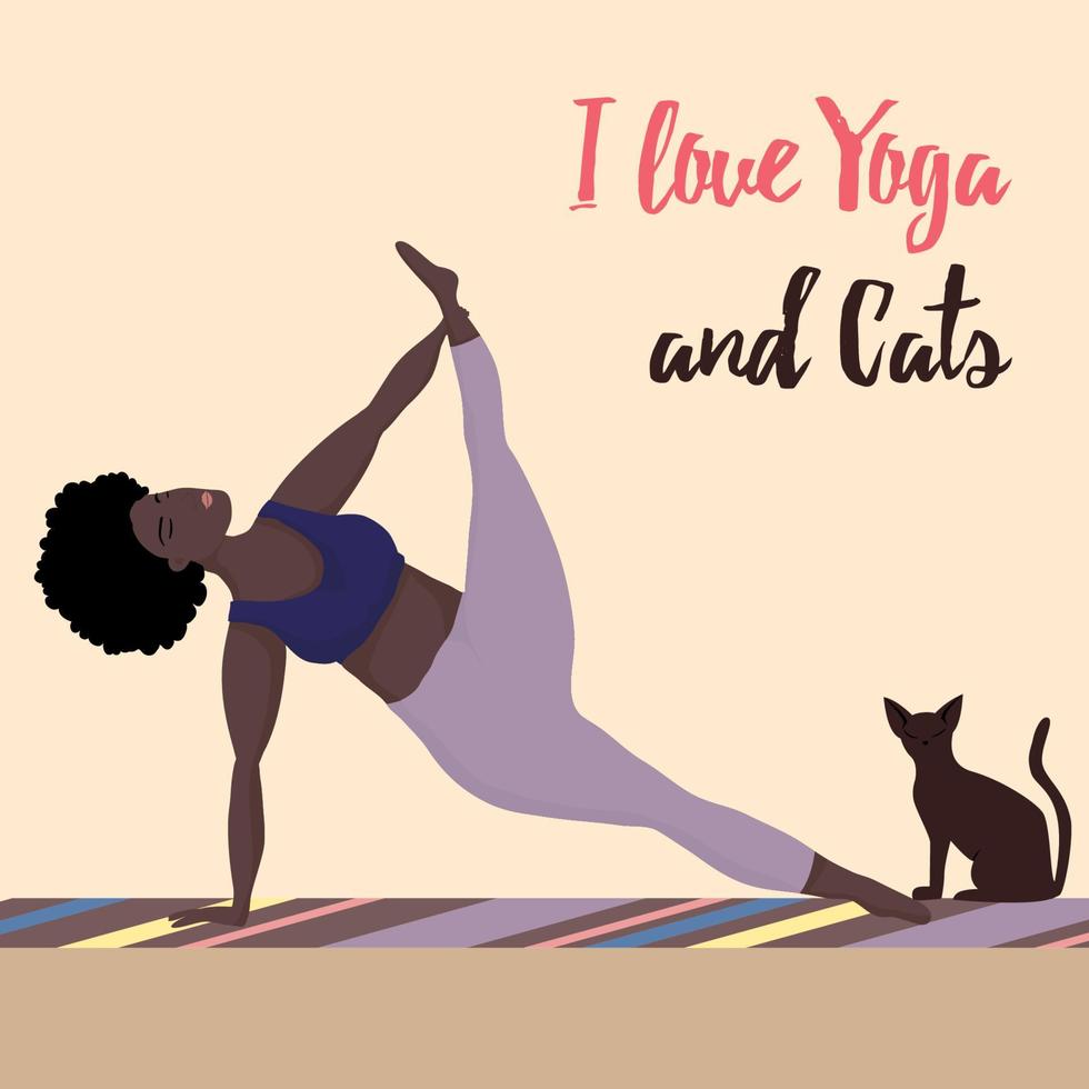gelukkig zwart huid een te groot Dames in yoga positie. ik liefde yoga en katten. sport- en Gezondheid lichaam positief concept voor ansichtkaart, yoga klassen t-shirt actief gezond levensstijl vector