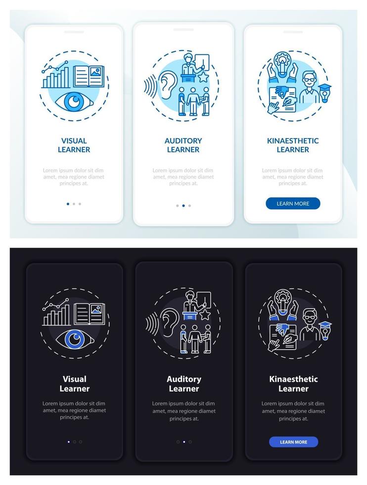 leerstijlen op het scherm van de mobiele app-pagina met concepten vector