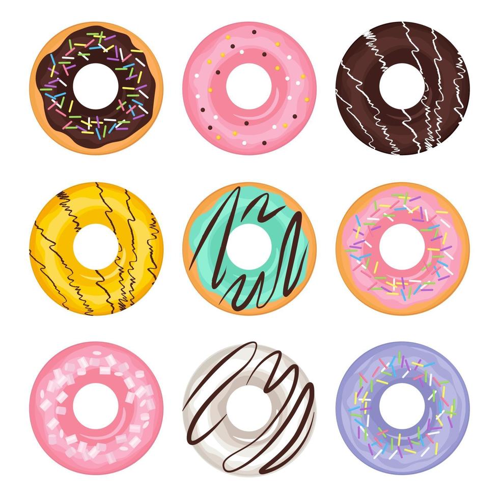 set cartoon verschillende gekleurde donuts in vlakke stijl vector