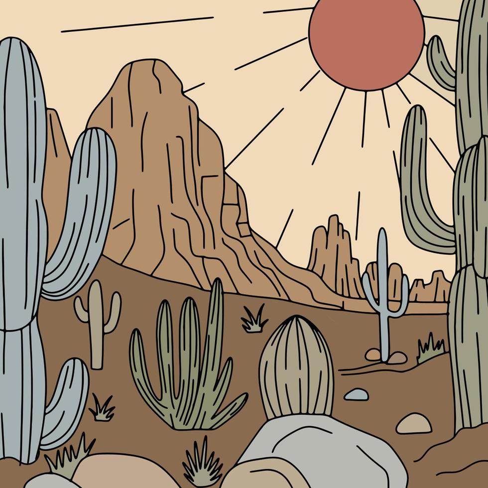wild west woestijn landschap met bergen en cactus. retro tekenfilm vector illustratie