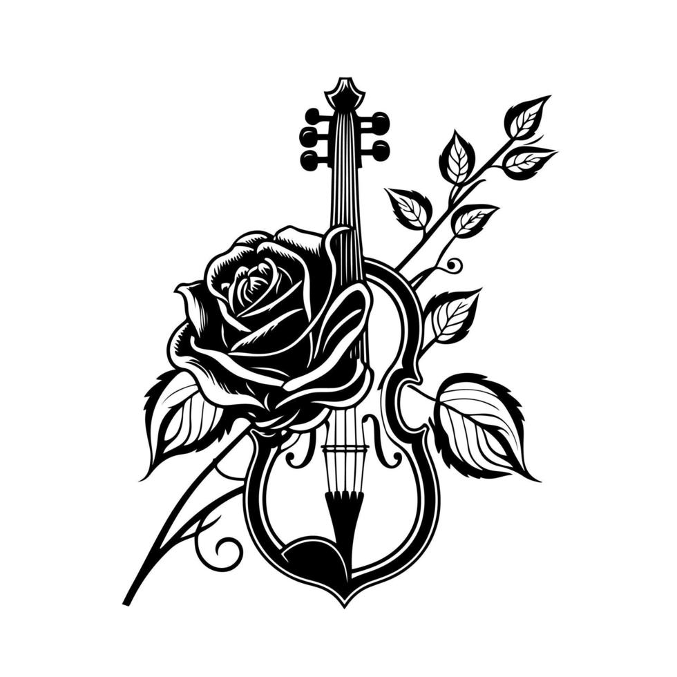 romantisch viool met bloeiend roos. elegant vector illustratie voor muziek, kunst, en cultuur-thema ontwerpen, uitnodigingen, en kaarten. geïsoleerd Aan wit.