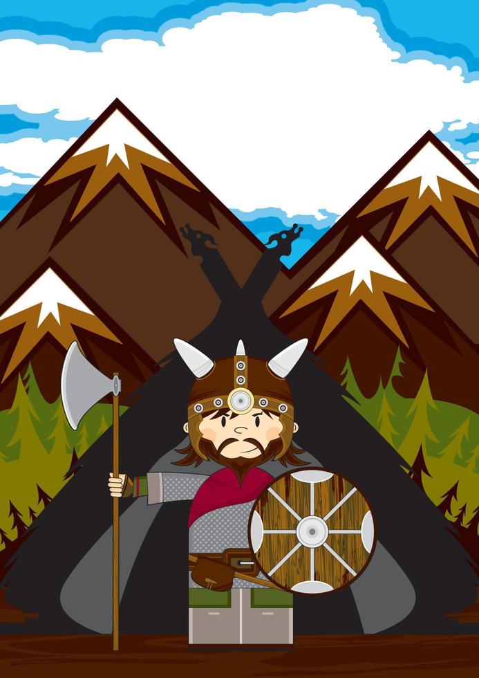 schattig tekenfilm viking krijger met schild en bijl norse geschiedenis illustratie vector