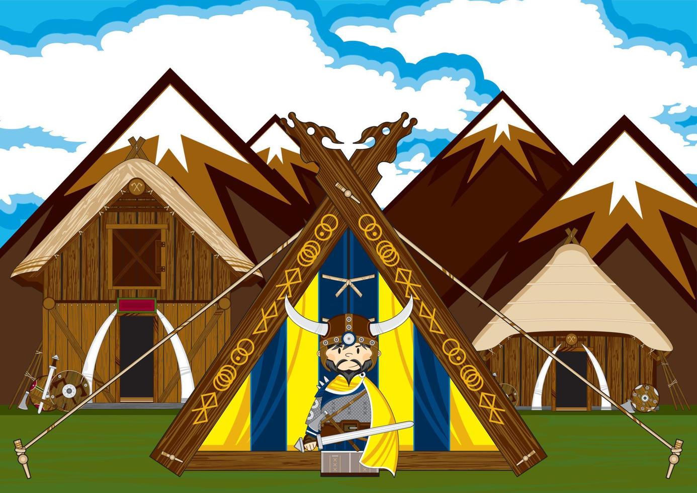 schattig tekenfilm viking krijger en tent norse geschiedenis illustratie vector