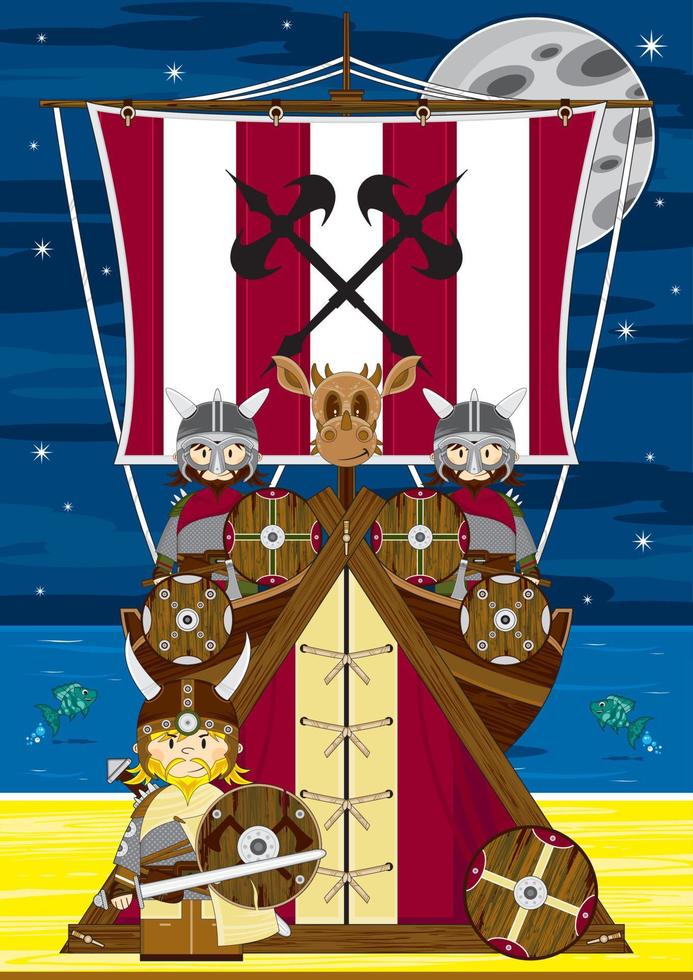 tekenfilm viking krijger Aan de strand met sloep norse geschiedenis illustratie vector