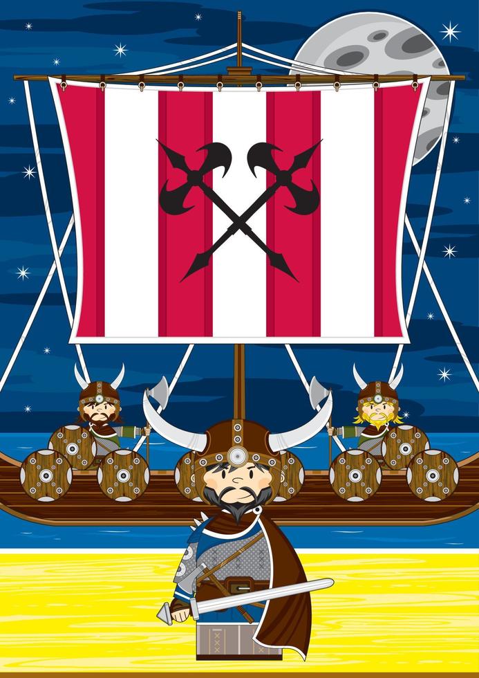 tekenfilm viking krijger Aan de strand met sloep norse geschiedenis illustratie vector