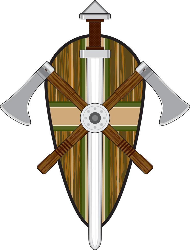 tekenfilm viking schild en bijl met zwaard norse geschiedenis illustratie vector