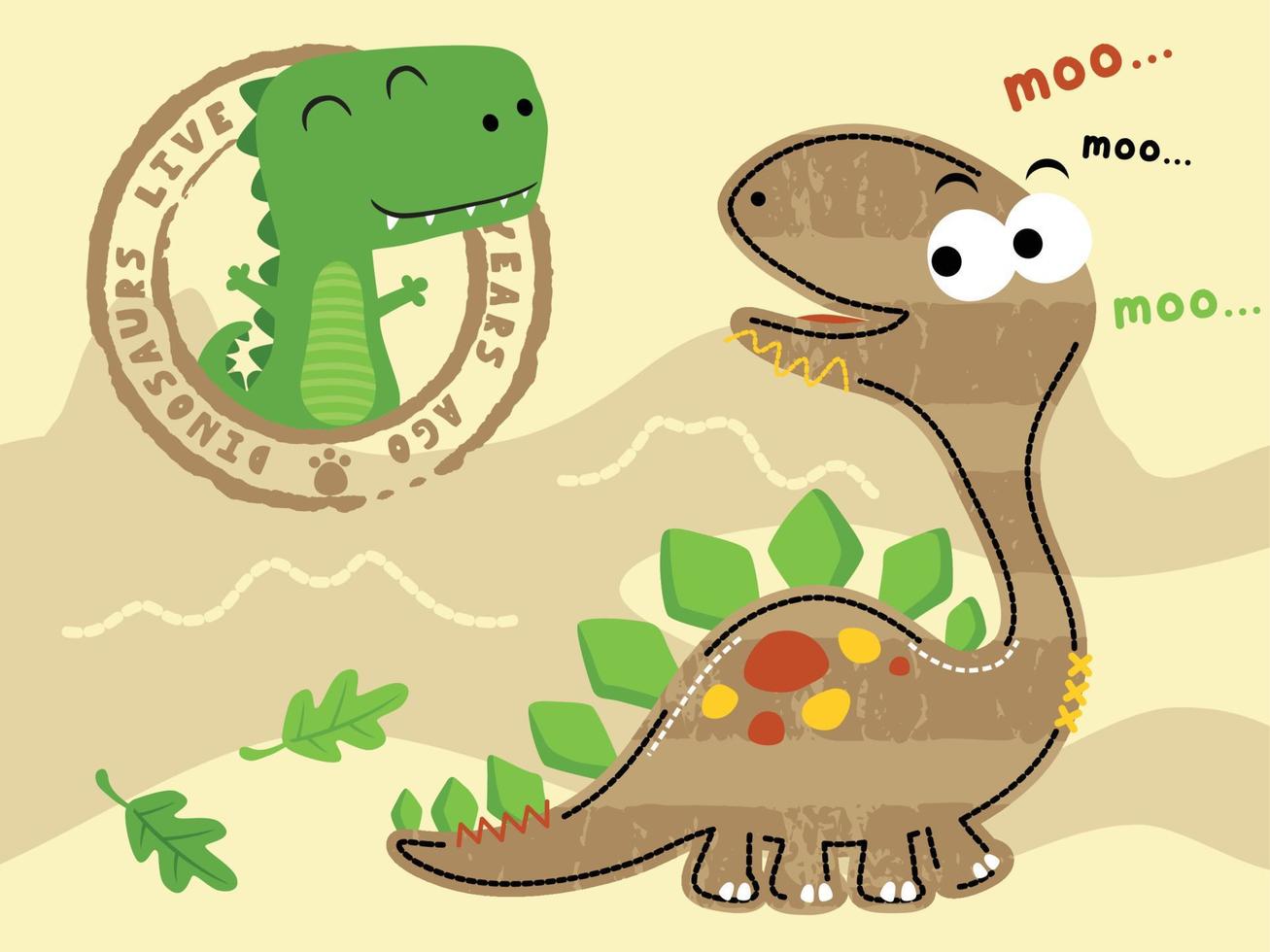 schattig glimlachen dinosaurussen tekenfilm Aan vulkanen achtergrond vector