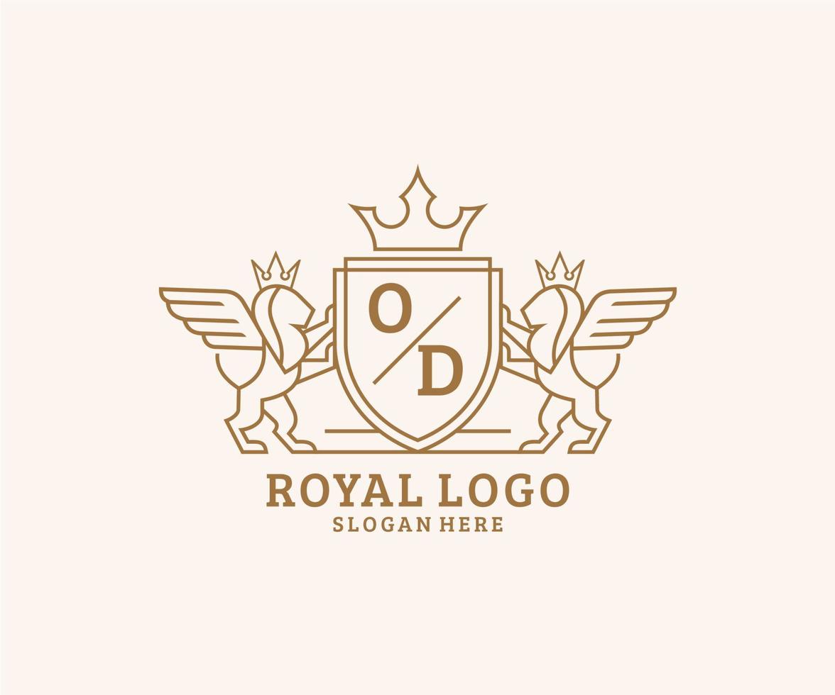 eerste od brief leeuw Koninklijk luxe heraldisch, wapen logo sjabloon in vector kunst voor restaurant, royalty, boetiek, cafe, hotel, heraldisch, sieraden, mode en andere vector illustratie.