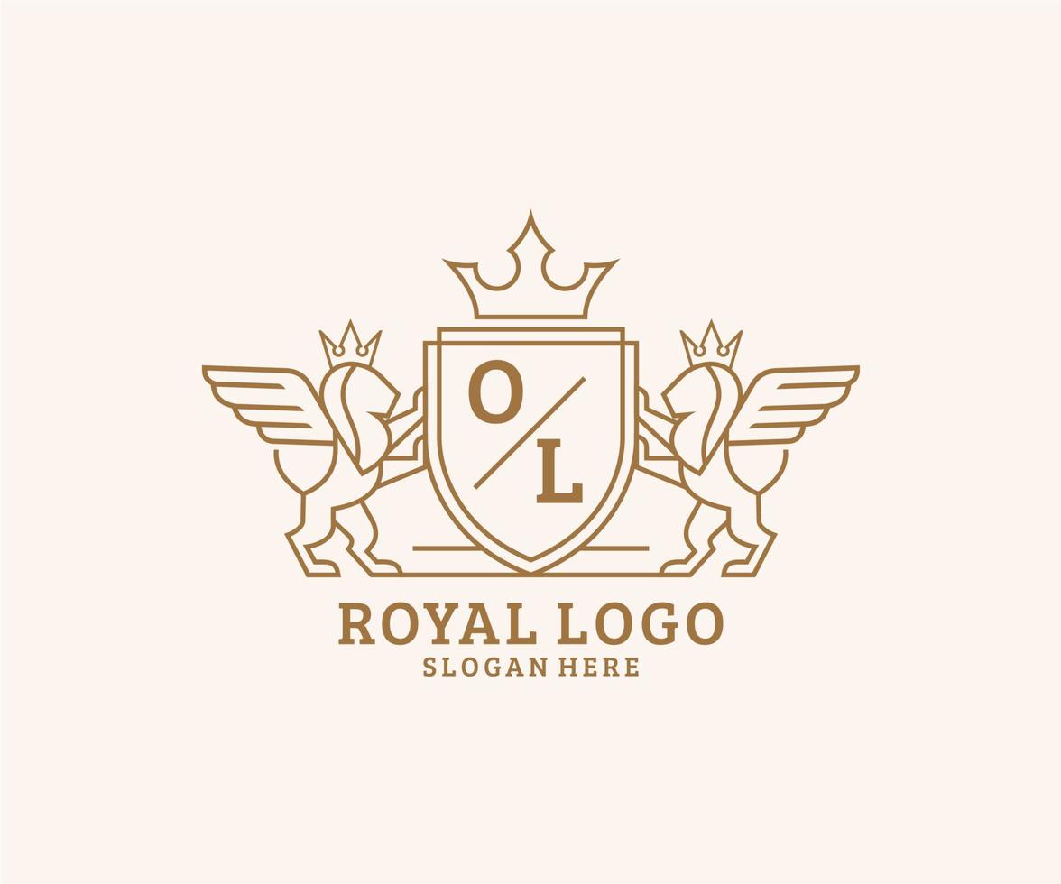 eerste ol brief leeuw Koninklijk luxe heraldisch, wapen logo sjabloon in vector kunst voor restaurant, royalty, boetiek, cafe, hotel, heraldisch, sieraden, mode en andere vector illustratie.