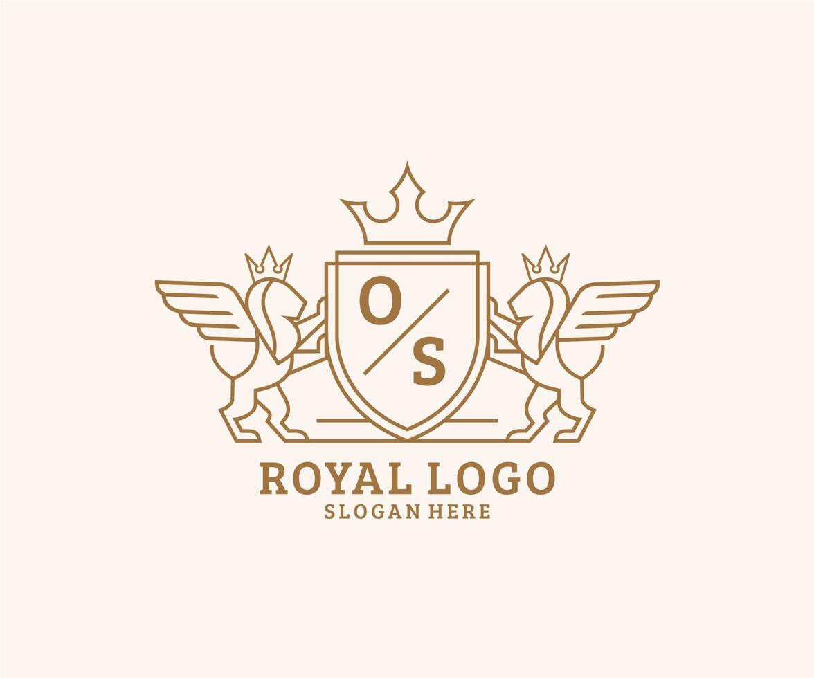 eerste os brief leeuw Koninklijk luxe heraldisch, wapen logo sjabloon in vector kunst voor restaurant, royalty, boetiek, cafe, hotel, heraldisch, sieraden, mode en andere vector illustratie.