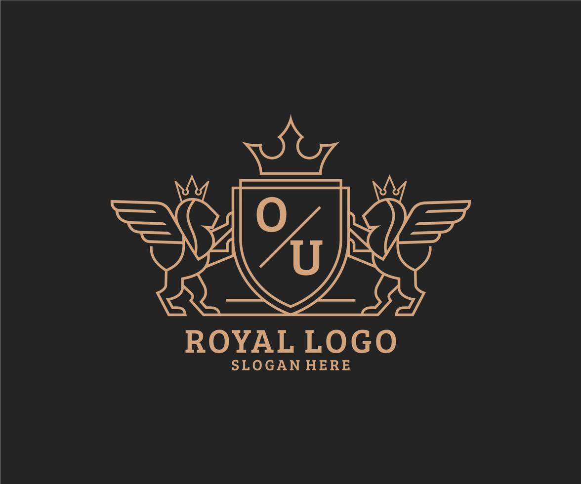 eerste ou brief leeuw Koninklijk luxe heraldisch, wapen logo sjabloon in vector kunst voor restaurant, royalty, boetiek, cafe, hotel, heraldisch, sieraden, mode en andere vector illustratie.