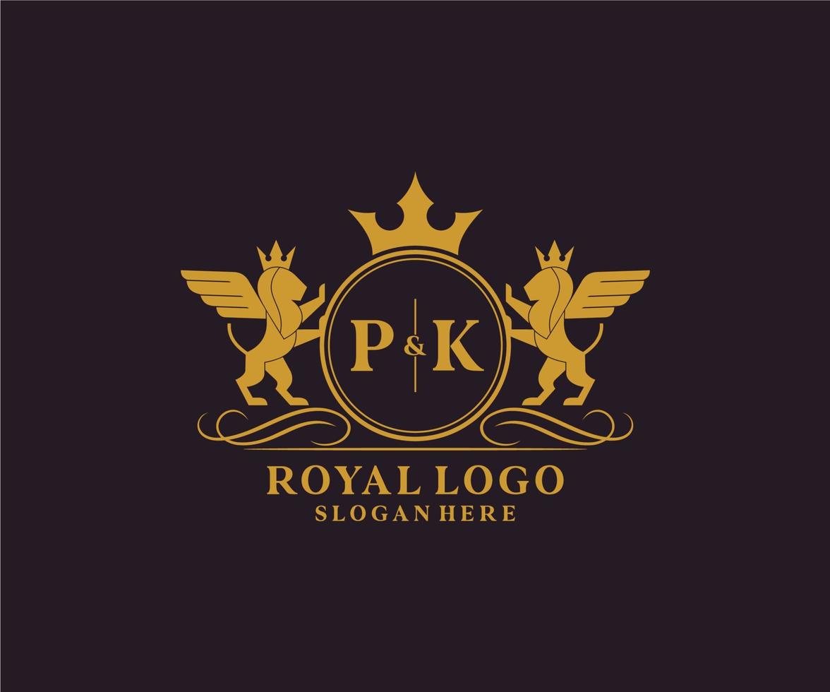 eerste pk brief leeuw Koninklijk luxe heraldisch, wapen logo sjabloon in vector kunst voor restaurant, royalty, boetiek, cafe, hotel, heraldisch, sieraden, mode en andere vector illustratie.