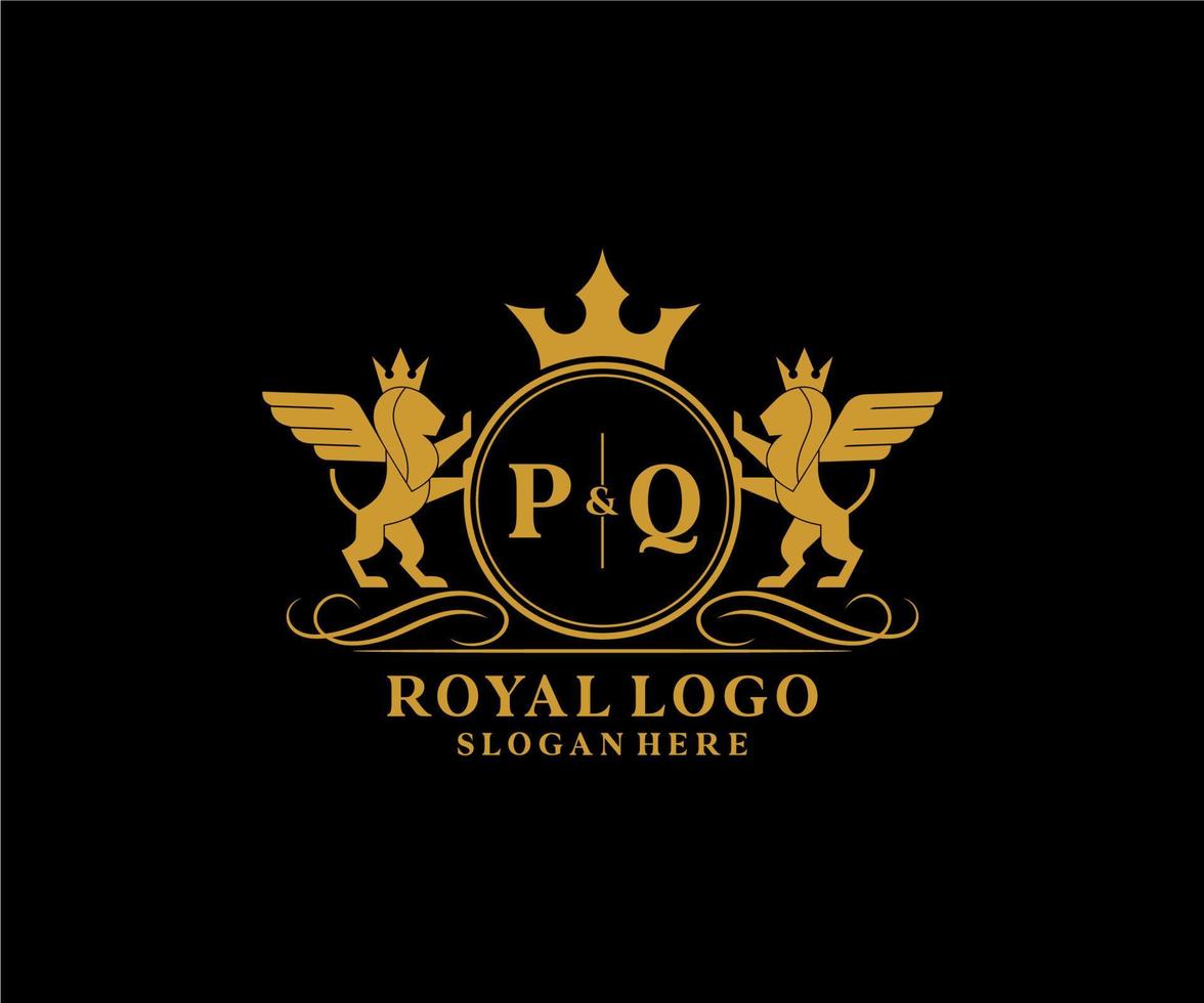 eerste pq brief leeuw Koninklijk luxe heraldisch, wapen logo sjabloon in vector kunst voor restaurant, royalty, boetiek, cafe, hotel, heraldisch, sieraden, mode en andere vector illustratie.