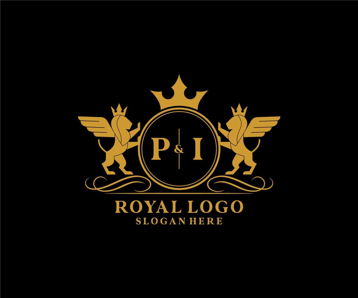 eerste pi brief leeuw Koninklijk luxe heraldisch, wapen logo sjabloon in vector kunst voor restaurant, royalty, boetiek, cafe, hotel, heraldisch, sieraden, mode en andere vector illustratie.