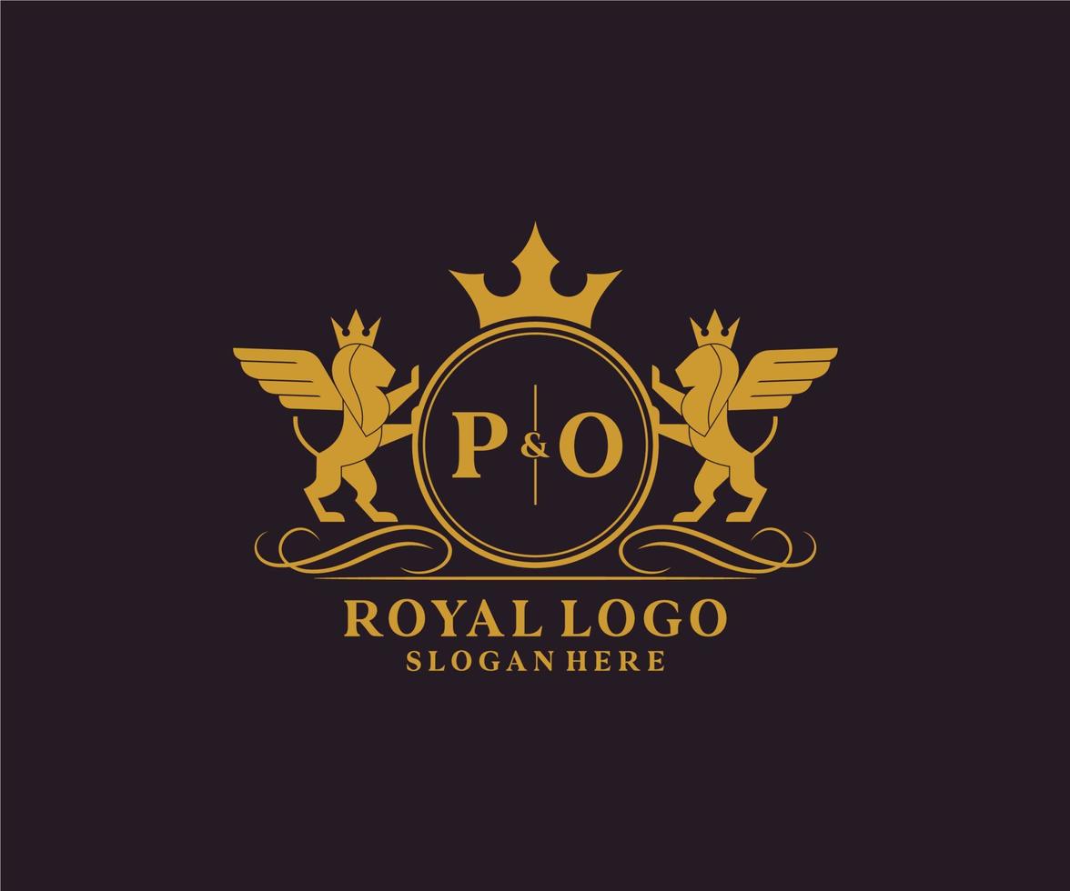 eerste po brief leeuw Koninklijk luxe heraldisch, wapen logo sjabloon in vector kunst voor restaurant, royalty, boetiek, cafe, hotel, heraldisch, sieraden, mode en andere vector illustratie.