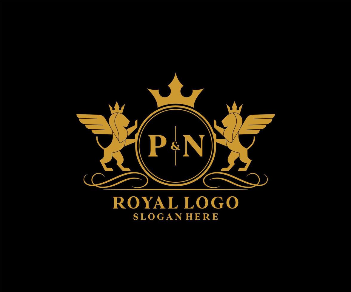 eerste pn brief leeuw Koninklijk luxe heraldisch, wapen logo sjabloon in vector kunst voor restaurant, royalty, boetiek, cafe, hotel, heraldisch, sieraden, mode en andere vector illustratie.